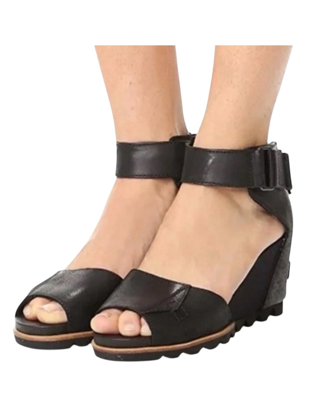 Sorel Women’s Joanie II Black Leather Suede Wedge Ankle Strap Sandals- Size 12
